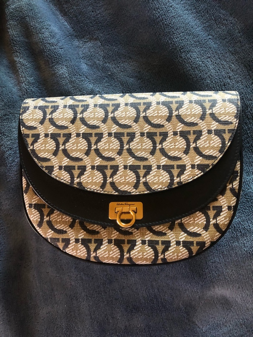Salvatore Ferragamo Beige Monogram with Black Leather Trim Crossbody Authentic